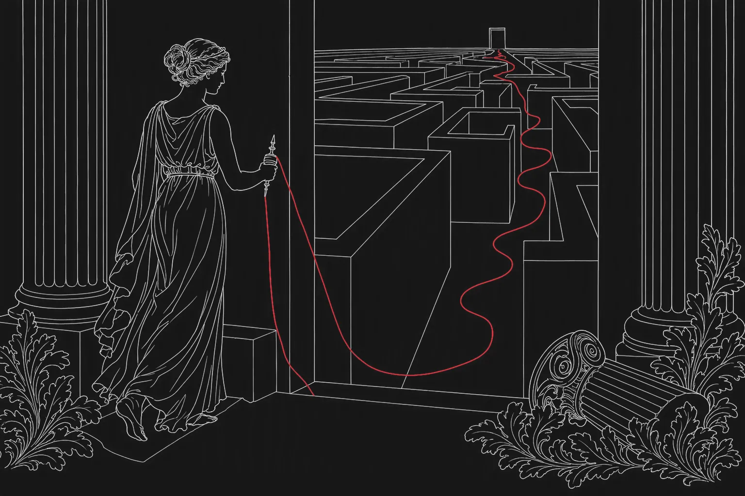An antique-style engraving: Ariadne with a spindle at the entrance of the labyrinth, a red thread leading through the corridors towards the light.